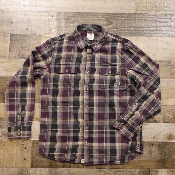 Vans Men’s Medium Purple Gray Plaid Button Up Flannel Shirt - Picture 1 of 8